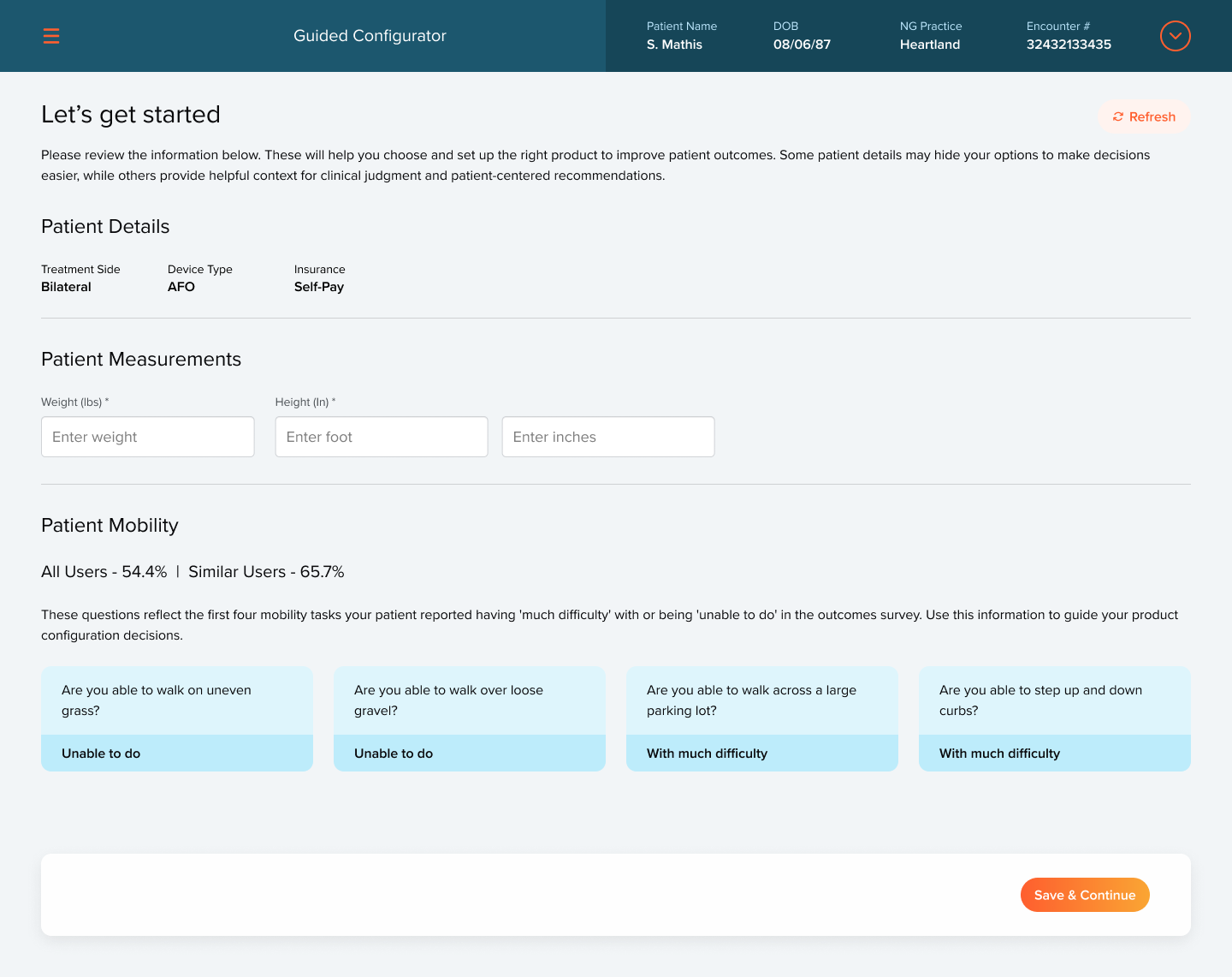 Let's get started: patient details, measurements, and four mobility tasks from the outcomes survey marked unable to do or with much difficulty.