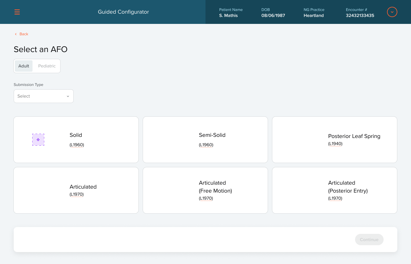 Select an AFO: adult or pediatric, submission type, and six AFO types with their HCPCS codes.