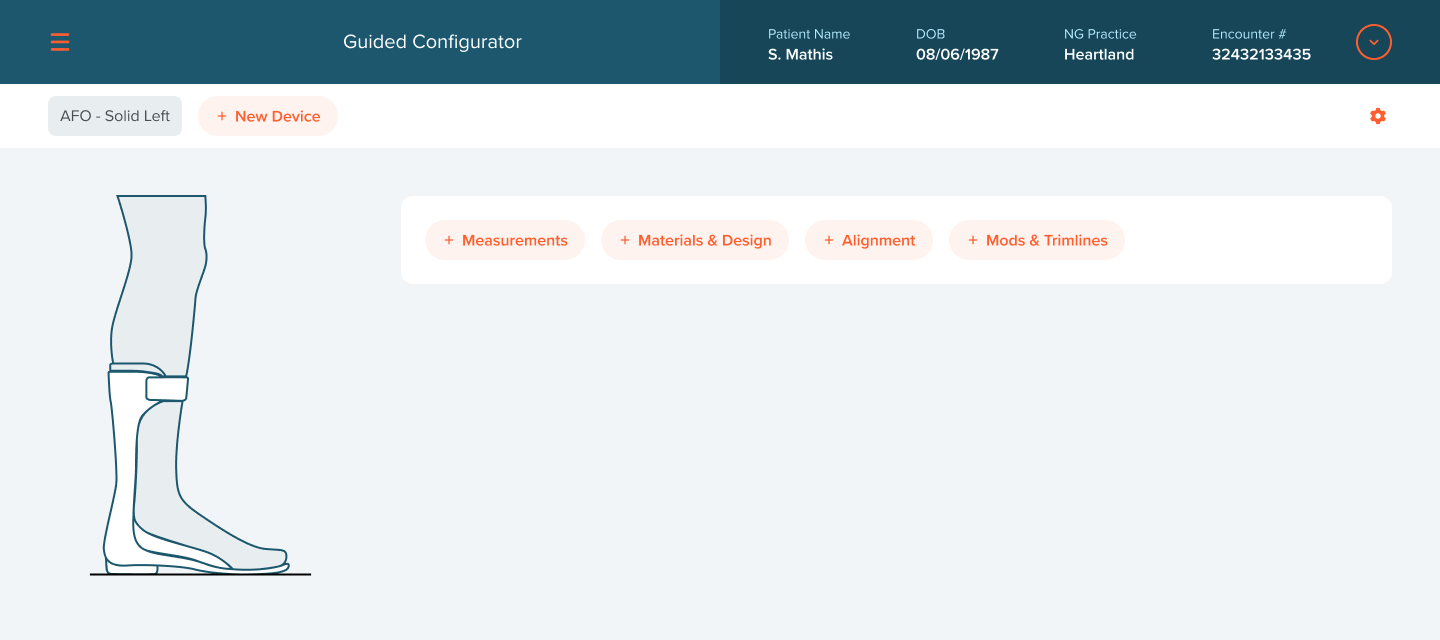 Device hub: AFO Solid Left with add buttons for measurements, materials and design, alignment, and mods and trimlines.