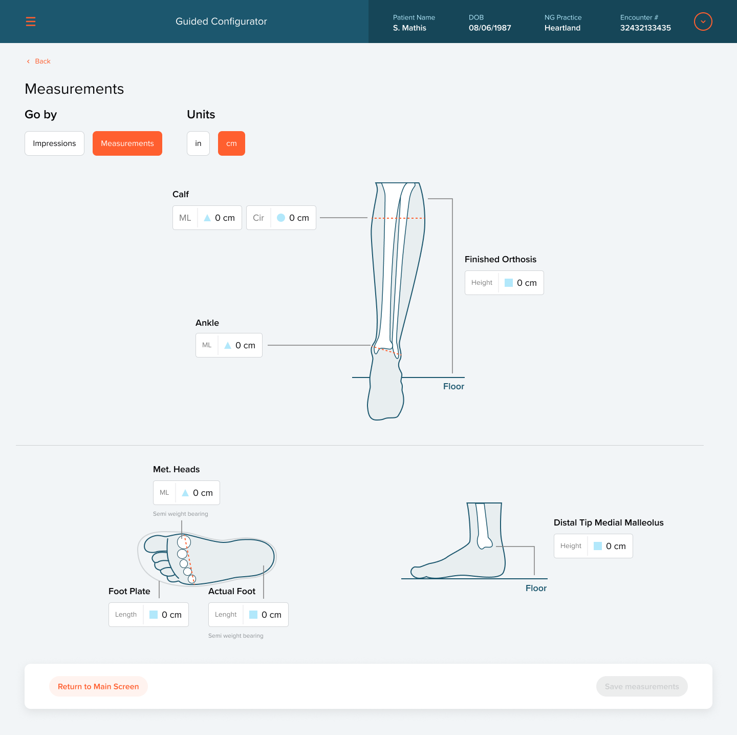 Measurements step with inputs placed on leg and foot diagrams for calf, ankle, metatarsal heads, foot plate, and malleolus height.