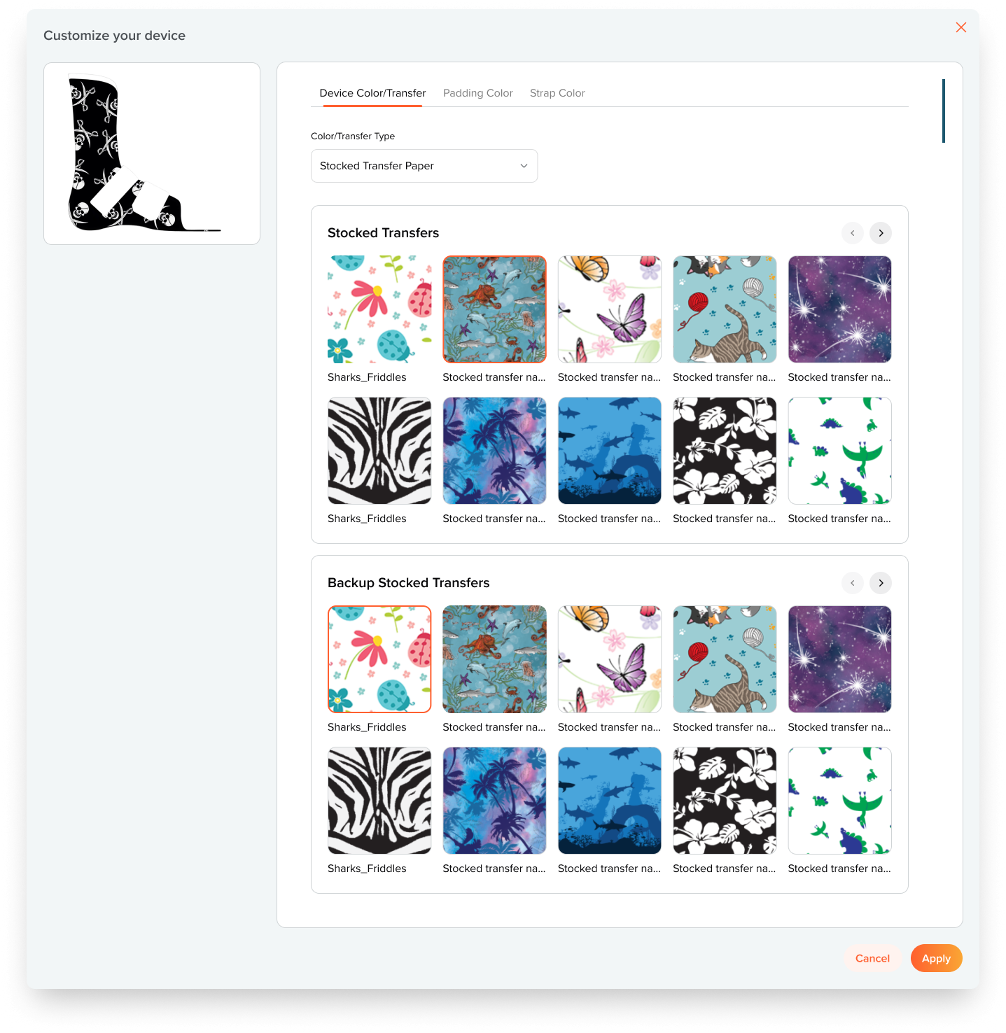 Customize your device: a device preview with tabs for color transfer, padding color, and strap color, and a grid of stocked transfer patterns.