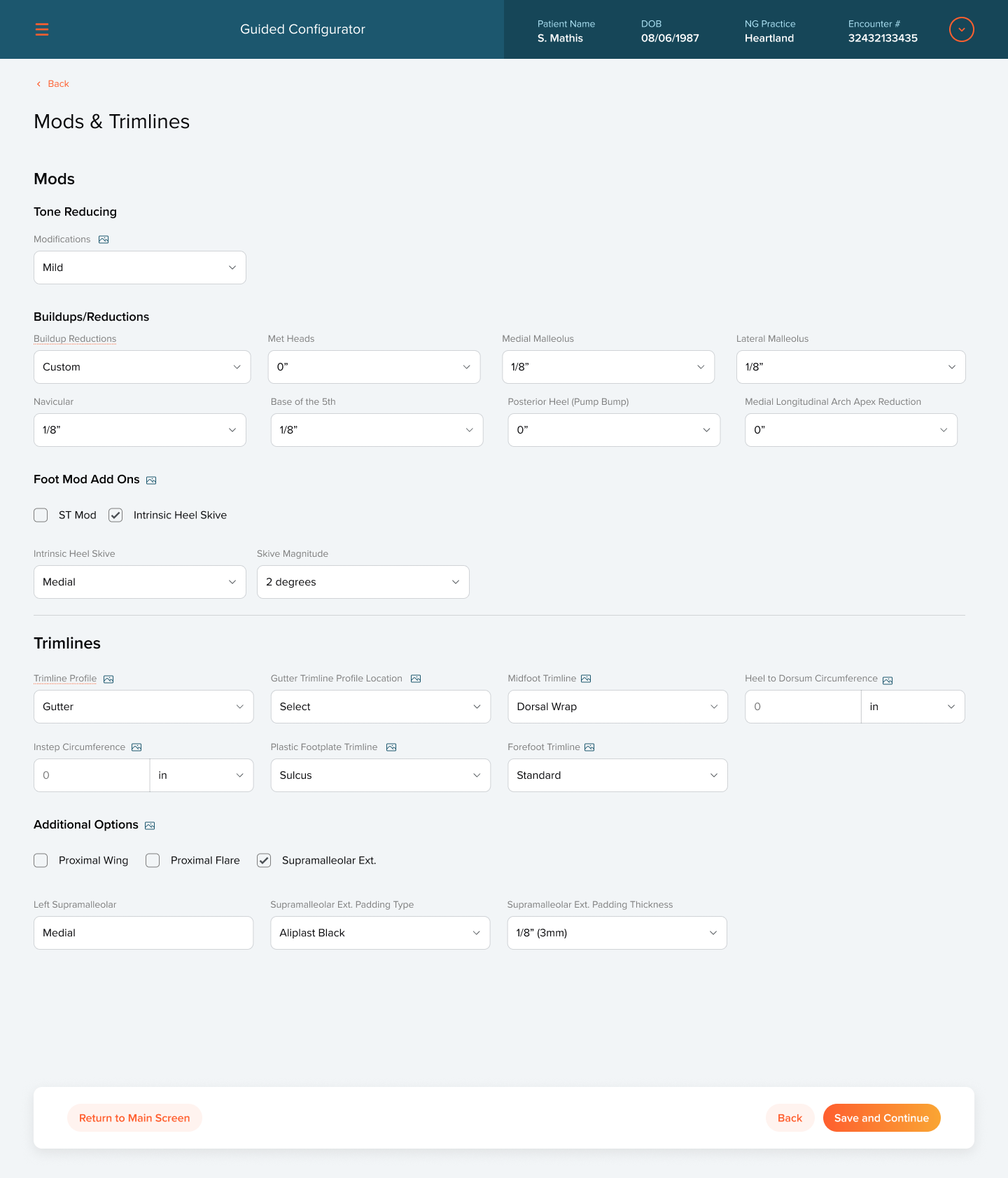 Mods and trimlines step: tone reducing modifications, buildups and reductions, foot mod add-ons, and trimline options.