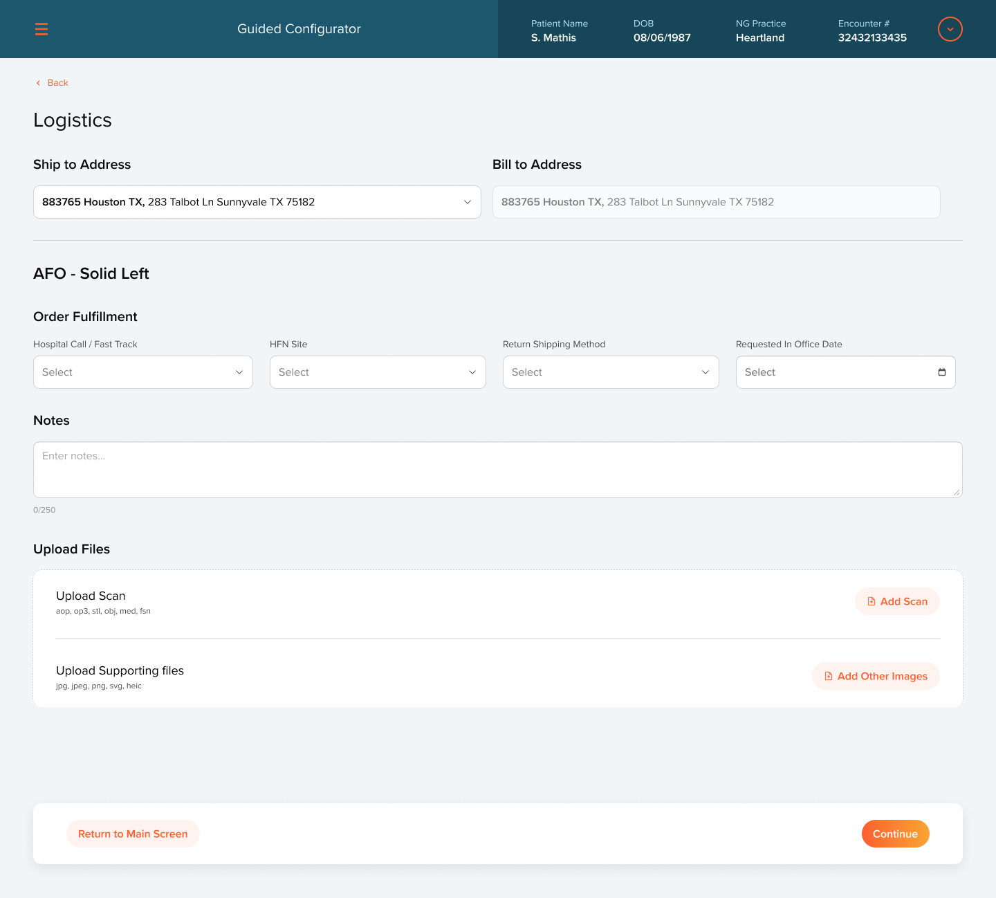 Logistics step: ship to and bill to addresses, order fulfillment options, notes, and scan and file uploads.