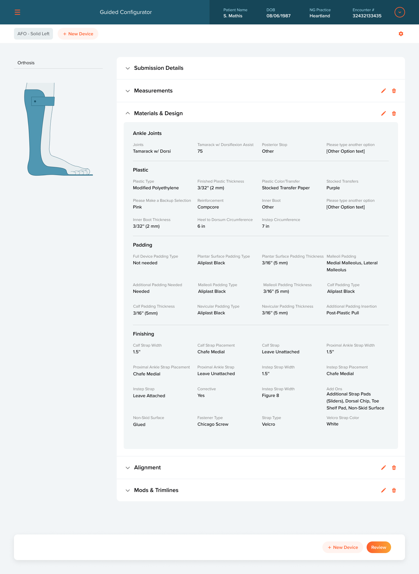 Order summary with sections for submission details, measurements, materials and design, alignment, and mods and trimlines, each editable.
