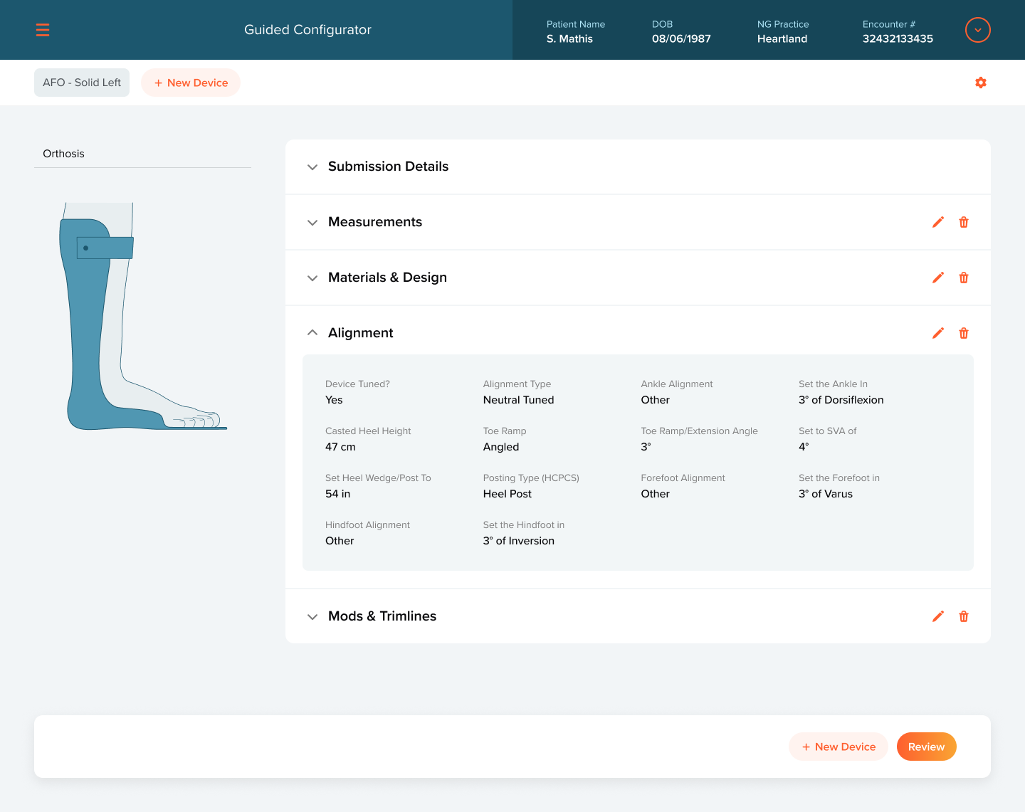 Guided Configurator screen for an ankle-foot orthosis order, with the Alignment section expanded next to an illustration of the device.