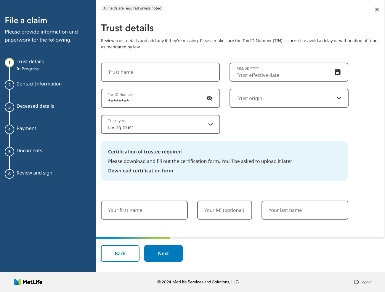 Trust details form with a note that a certification of trustee is required and a link to download it.