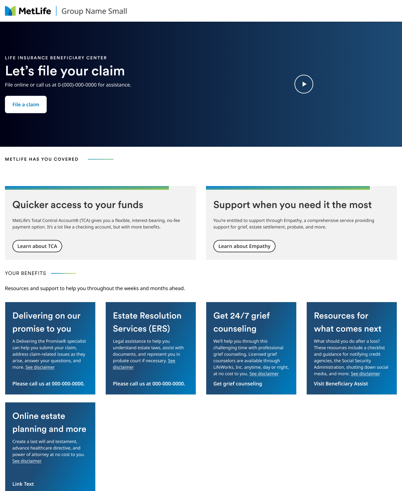 Logged-in dashboard: Let's file your claim, with cards for TCA, Empathy, and other beneficiary resources.