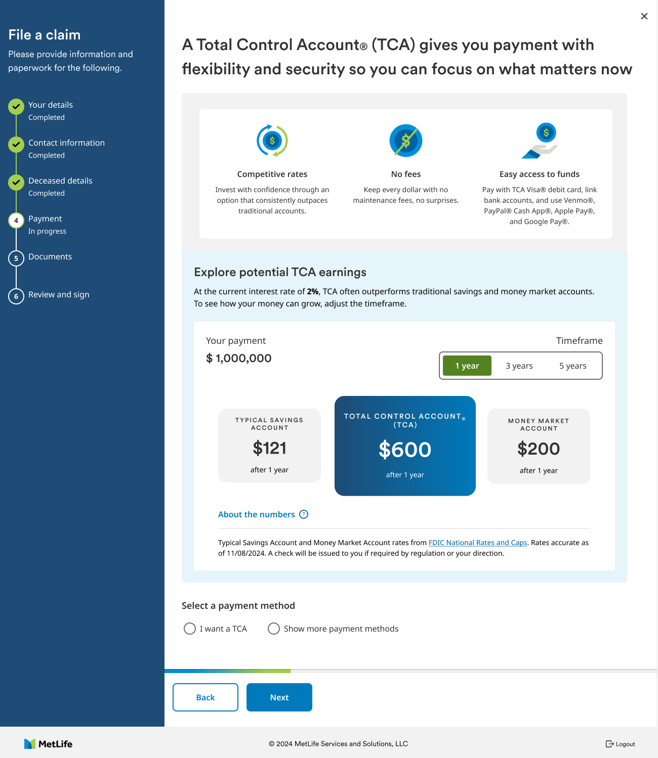 Final payment step with the TCA earnings comparison and payment method choice.