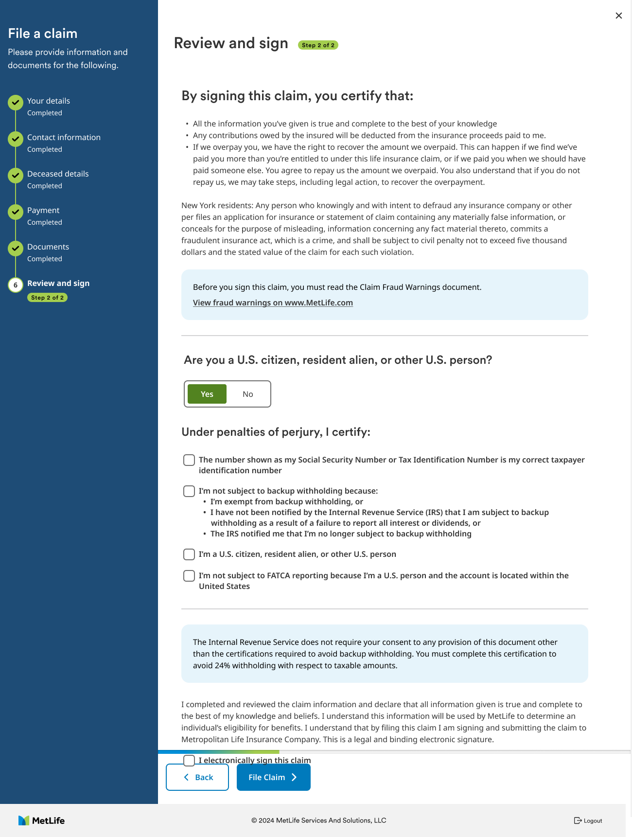 Review and sign: certifications, fraud warning notice, U.S. person question, and tax certifications before an electronic signature.