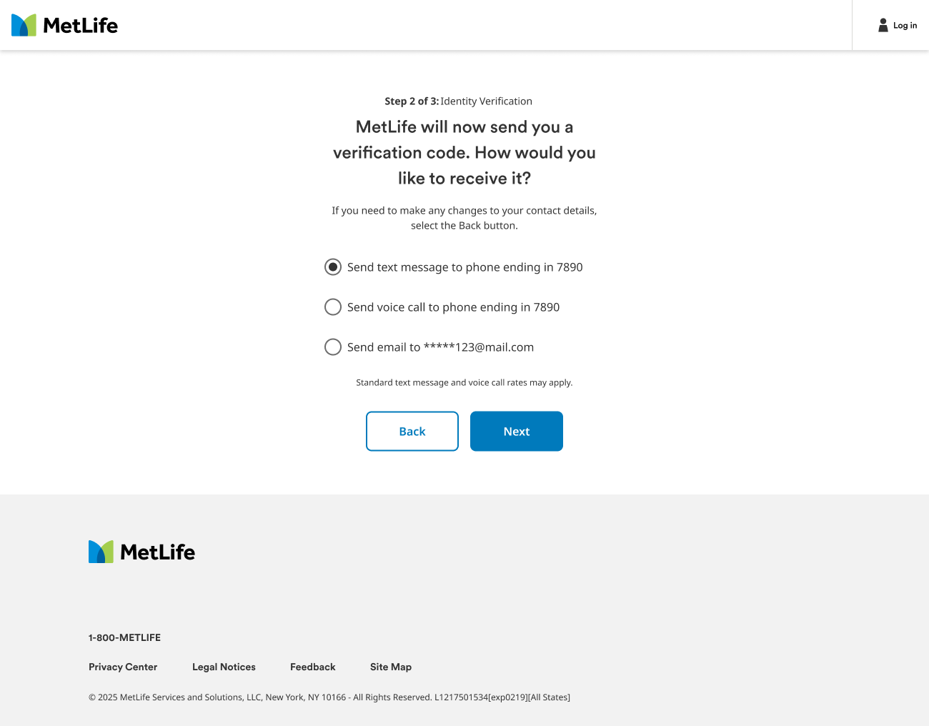 Identity verification step: MetLife sends a verification code by text, voice call, or email.