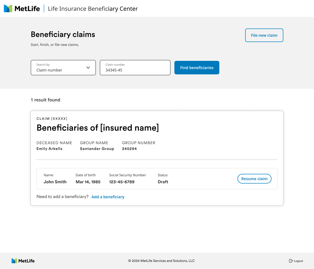 Beneficiary claims search by claim number, showing one matching claim with the beneficiary's details and a Resume claim button.