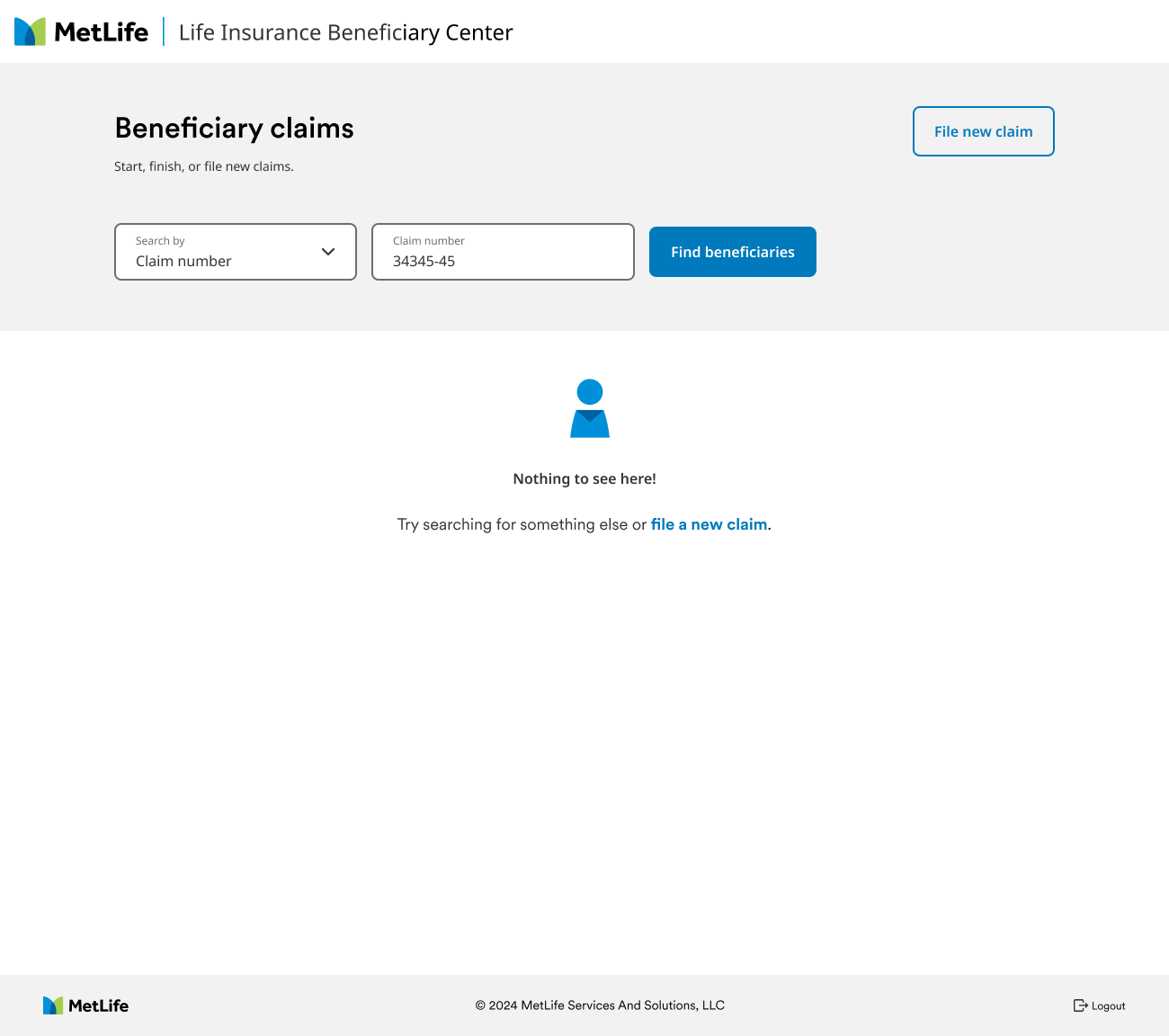 No results state with a link to file a new claim.