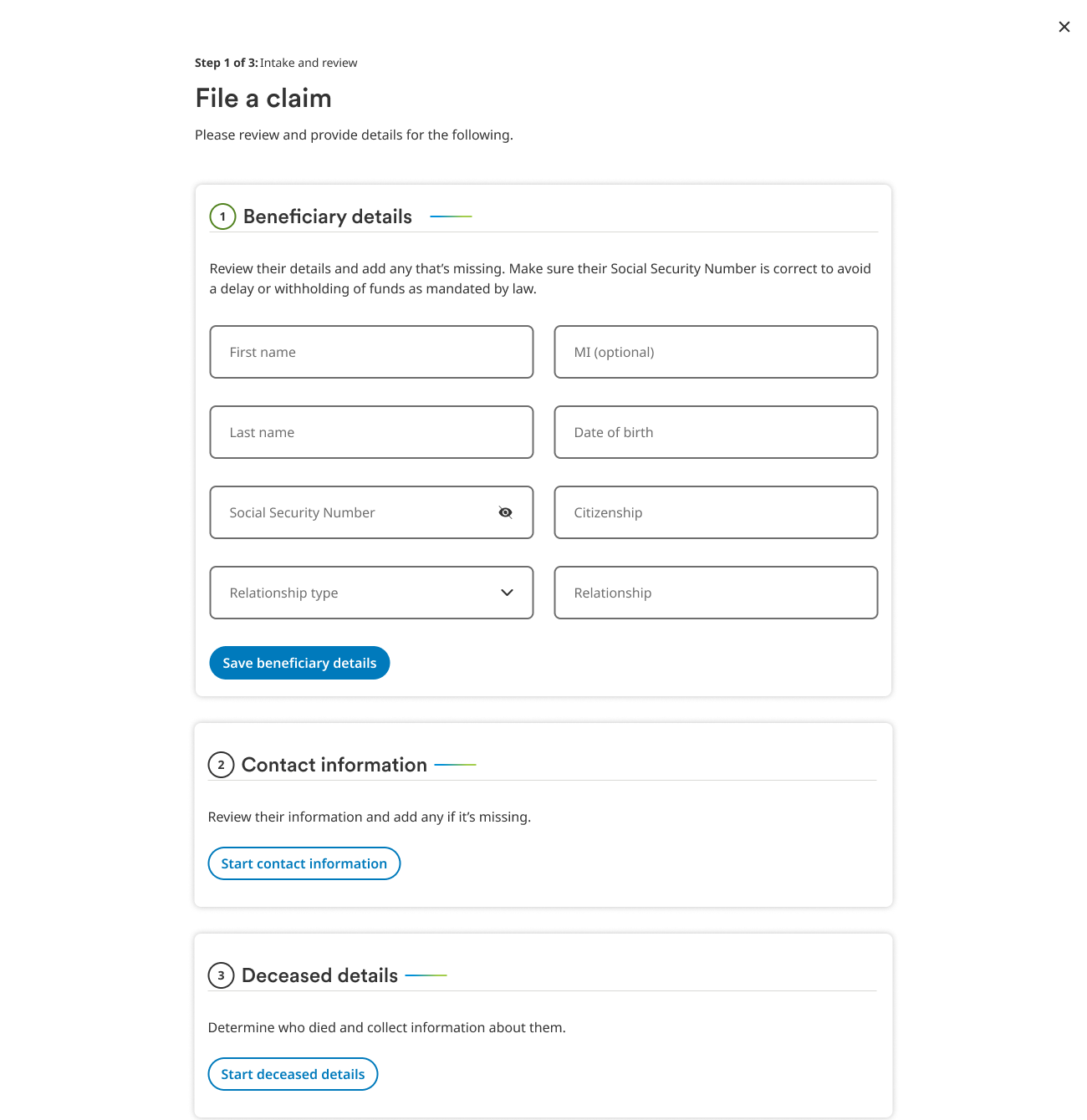 Rep view of File a claim: step 1 of 3, with beneficiary details, contact information, and deceased details sections filled in with the caller.