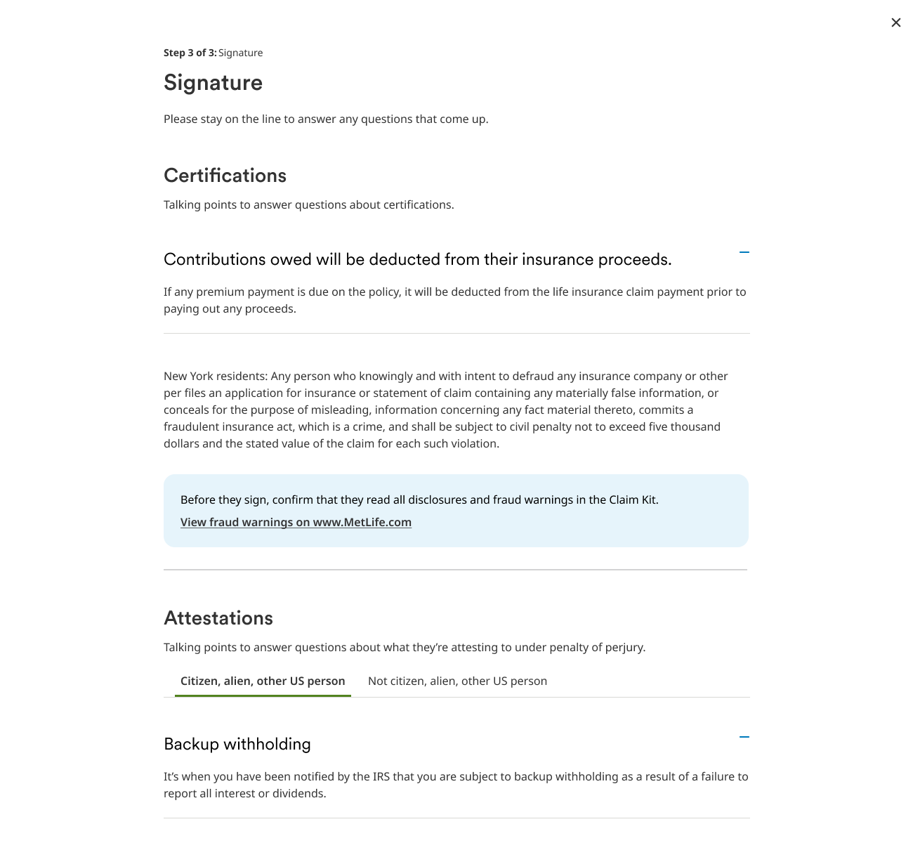 Rep signature step with talking points for certifications and attestations.