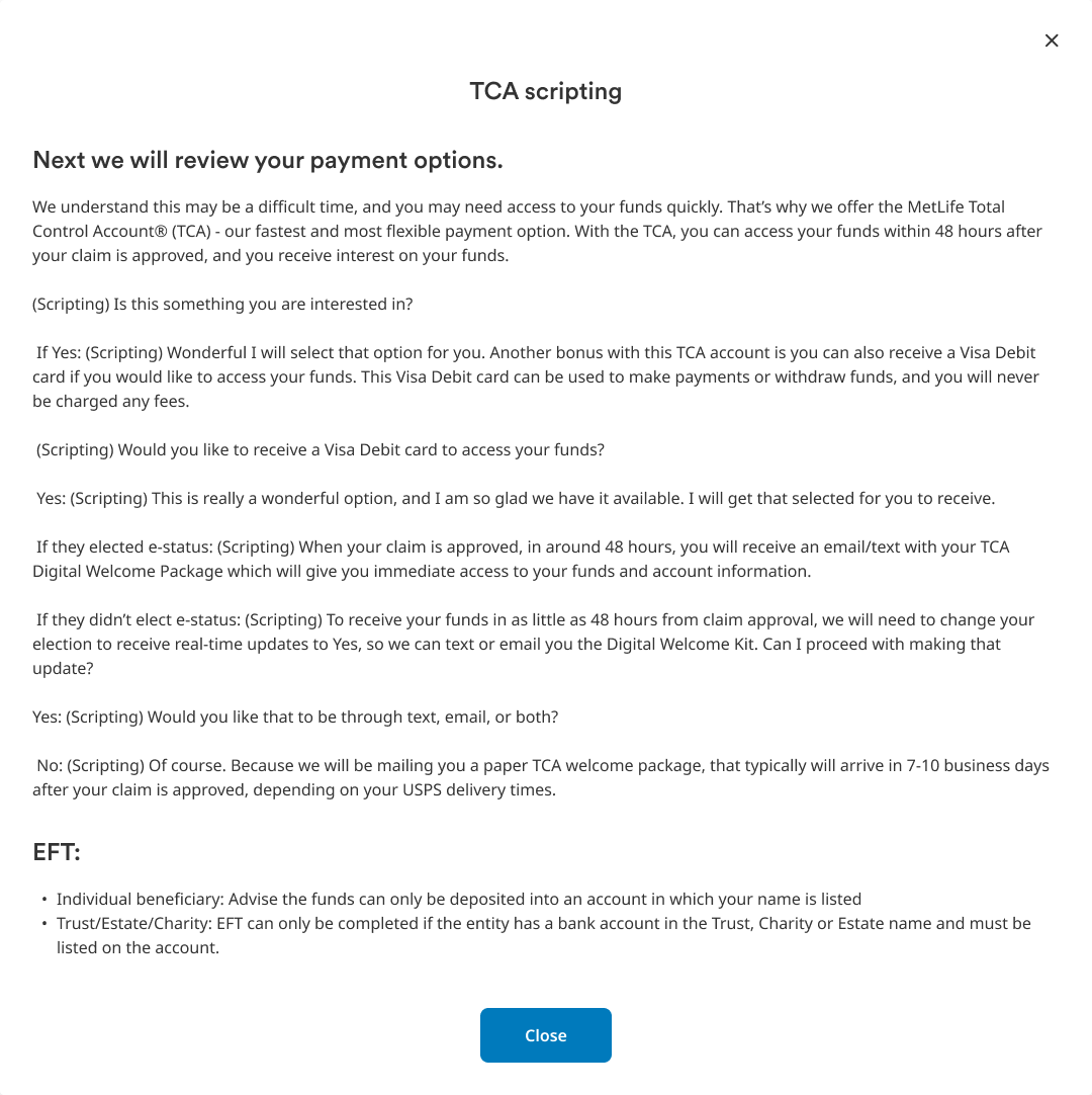 TCA scripting panel for the rep, with the exact words for reviewing payment options.