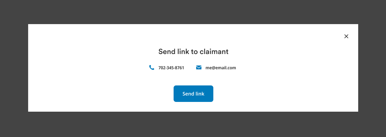 Send link to claimant dialog with the beneficiary's phone number and email.