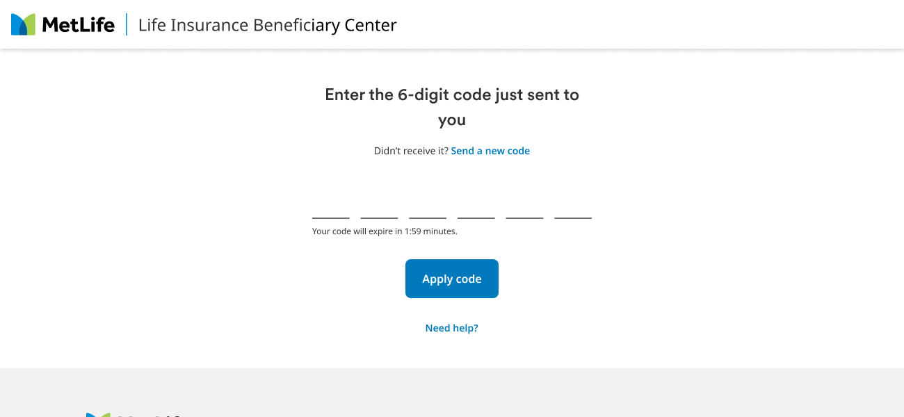 Beneficiary identity verification: enter the 6-digit code just sent to you.