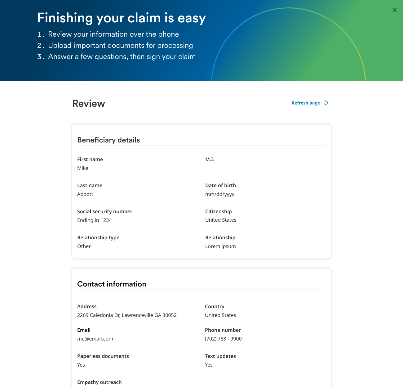 Finishing your claim is easy: a three-step summary, then a review of the beneficiary details the rep captured.