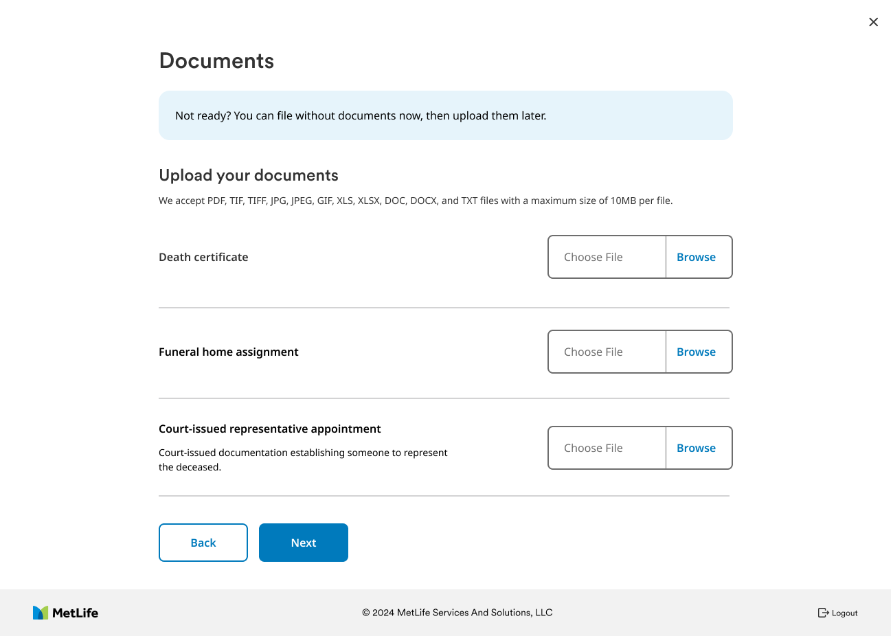 Beneficiary document upload, with a note that they can file without documents now and upload later.