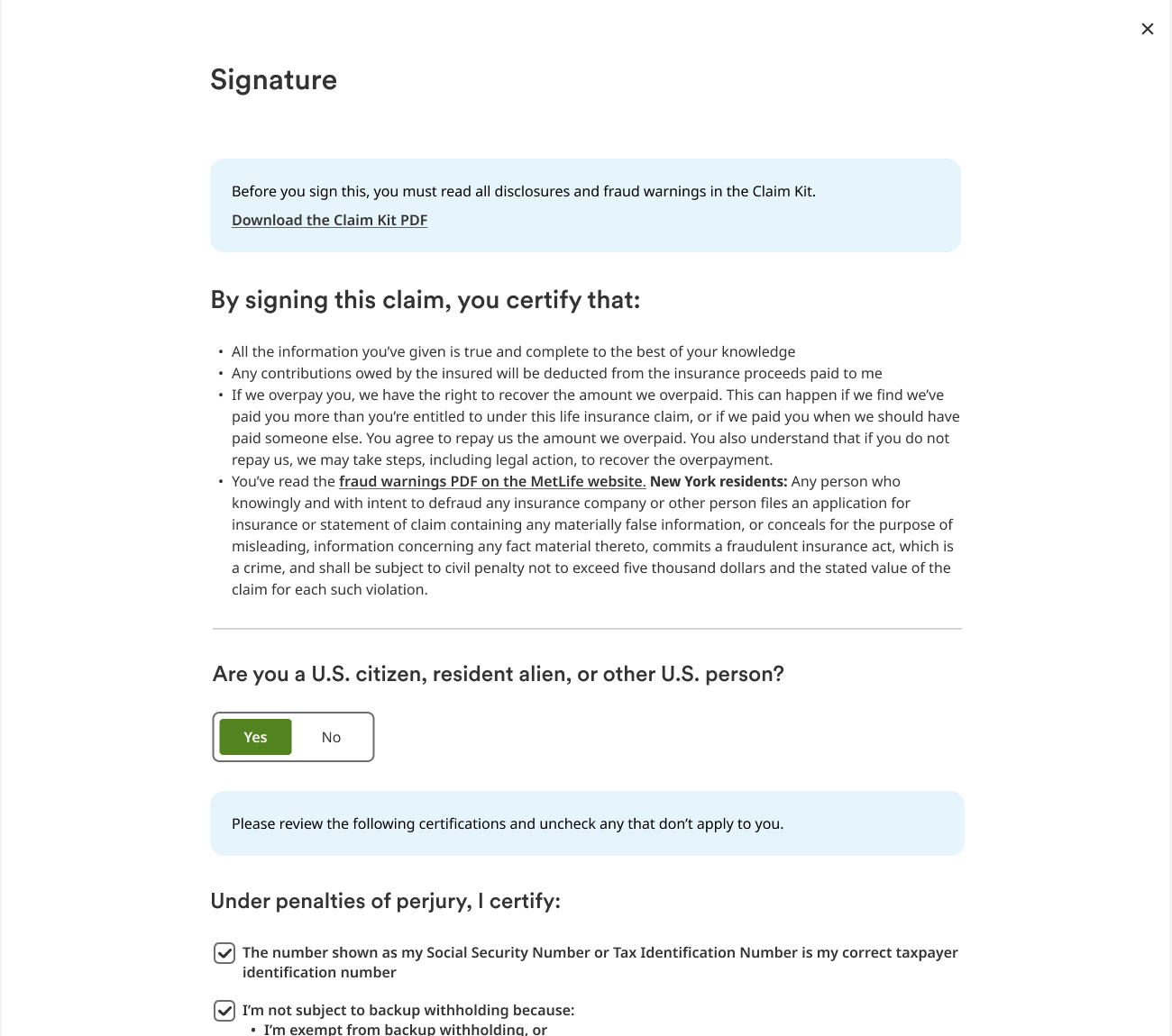Beneficiary signature step with disclosures and certifications.